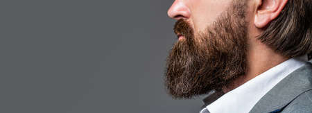 Close up of handsome beard hipster elegant male. Beard is his style. Bearded man close up. Perfect...