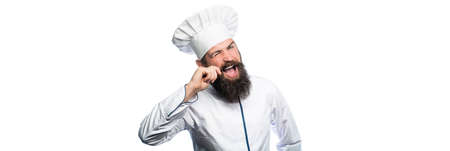 Funny chef with beard cook. Beard man and moustache wearing bib apron. Nappy man. Portrait of a happy chef cook. Cook hat. Bearded chef, cooks or baker. Bearded male chefs isolated on whiteの写真素材