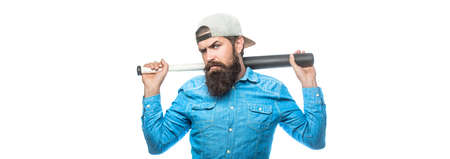 Violence and aggression concept, man hand holding baseball sport bat. Beardman holding a baseball bat. Isolated white background. Man swung the bat. Hooligan with baseball bat ready for fightの写真素材