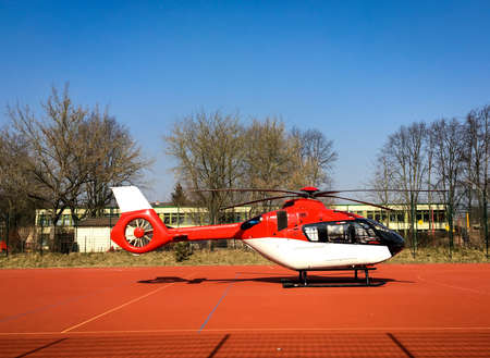 Rescue helicopter on a sports field