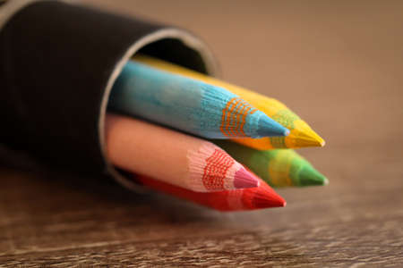 colored pencils in a boxの写真素材