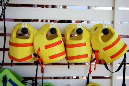 Yellow buoyancy aid, lifejackets for children with signal colorsの写真素材