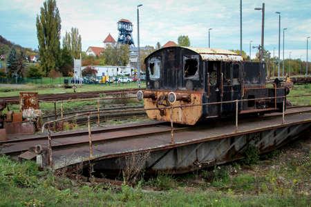 A burned shunting locomotive stands off the normal railroad tracksの写真素材