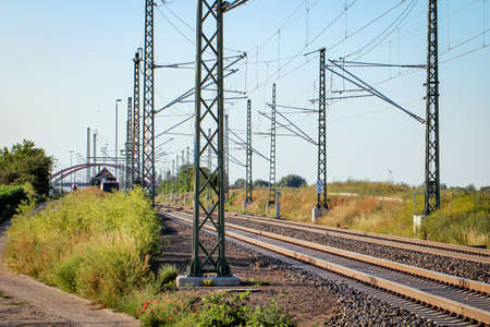Views of rails and railways. Electrified track systems.