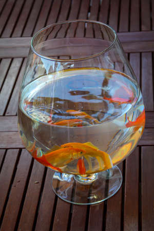 A fishbowl with goldfish is on a table.