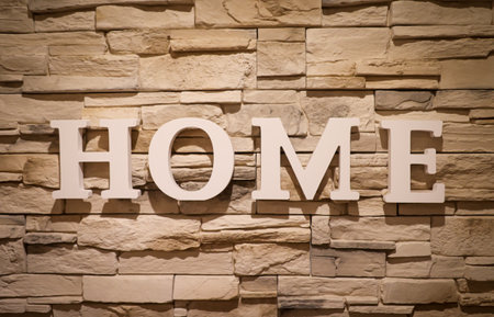 On a stone wall is attached lettering "HOME". Stone texture.の写真素材
