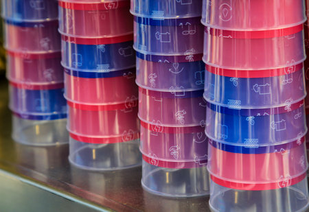 Many stacked colorful printed plastic drinking cups.の写真素材