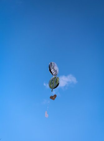 Balloons with greetings and messages rise into the sky at a wedding.の写真素材