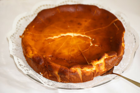 Close up of cheesecake, quark cake on a table.の写真素材