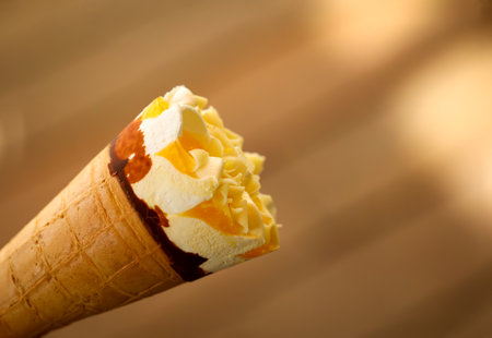 Close up of an ice cream cone, a waffle ice cream cone.の写真素材