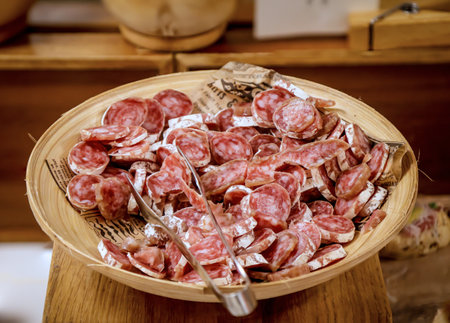 Salami on a buffet at a Spanish tapas bar.の写真素材