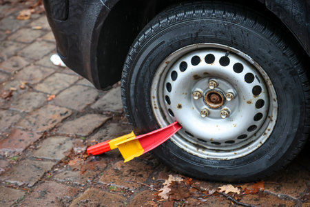 Closeup of a damaged car wheel with a red warning tape. A car is prevented from moving forward by a parking claw, tire claw, immobilizer.の写真素材