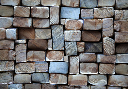 A texture of wood. Many stacked wooden slats from the front side.の写真素材