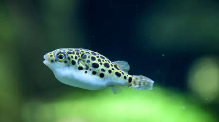 A small freshwater puffer fish in the aquarium. They feed on snails. Leopard pufferfish, Tetraodon schoutedeniの写真素材