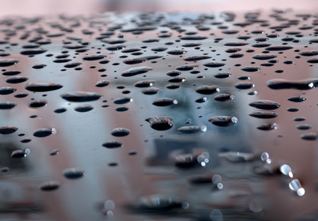 The roof of a car reflects a house faÃ§ade and there are many raindrops on it.の写真素材