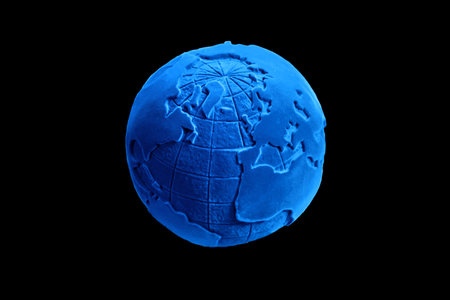 Globe on a black background. 3D illustration. Blue. Picture of a globe. The globe. An artificial...