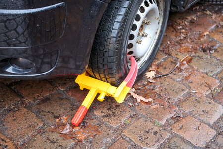 A car is prevented from continuing its journey by a parking claw, tire claw, immobilizer.の写真素材