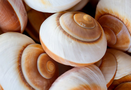 Seashells as a background, close-up macro photo. A background image or texture with sea shells, sea...
