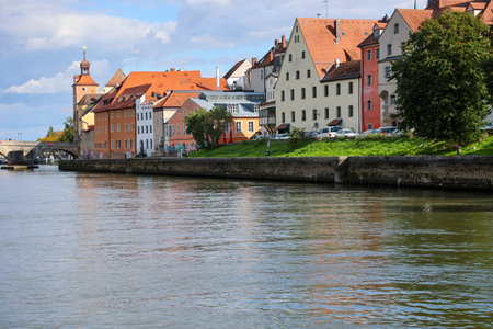 View of buildings by a river.の写真素材