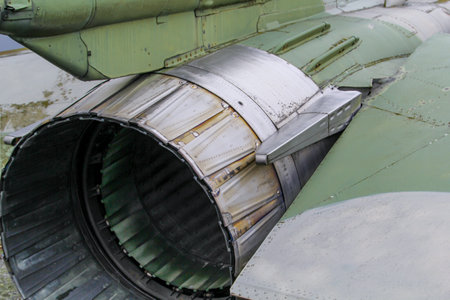 Turbine of an old fighter aircraft, closeup of photo. The jet engine outlet.