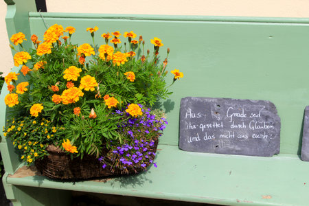 Chalkboard with German writing on a green bench.の写真素材