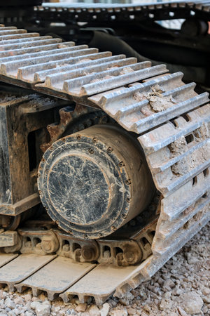 Detail of an excavator at a construction site. Detail of the back of an old bulldozer. Close up.の写真素材