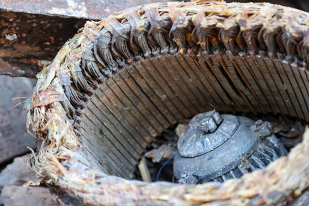 Lots of scrap on a demolition site. Close up shot of the old dirty and rusty iron fan. Selective focus.の写真素材