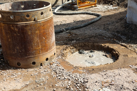 A drilling rig for caissons at a construction site. The hole in the ground is made of steel and...