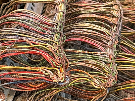The electronic waste from an old elevator. Close-up of a pile of multicolored wires for construction