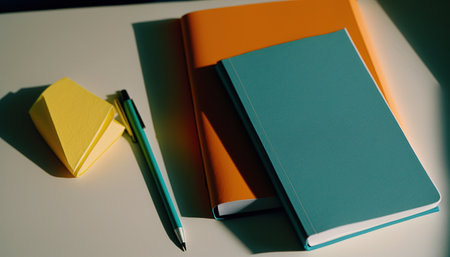 Blue Notebook and Orange Notebook on Deskの写真素材