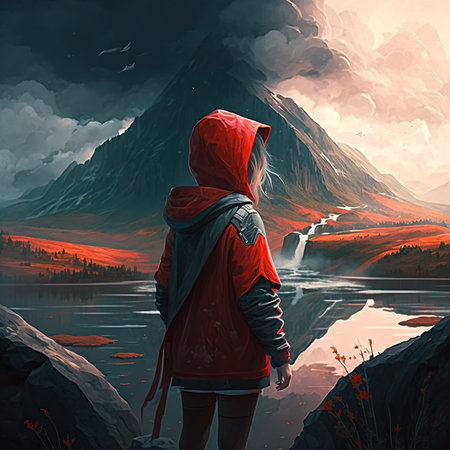 Red Dress by the Mountainの写真素材