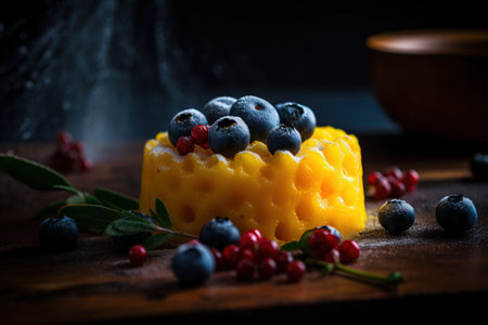 Blueberry Bliss on a Bed of Cheeseの写真素材
