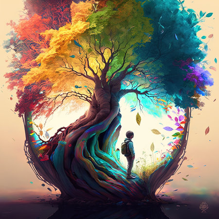 Boy at the Base of Colorful Treeの写真素材