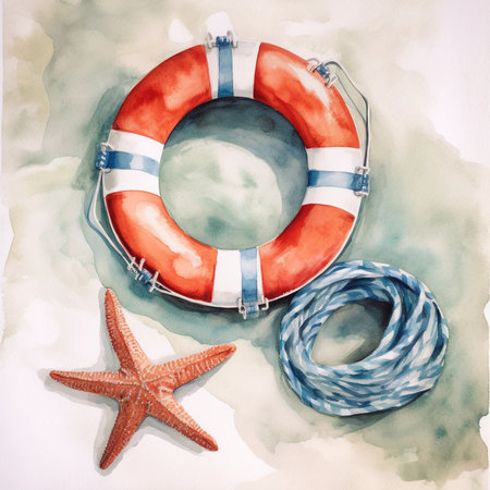 Oceanic Lifesavers. Starfish, Lifering, and Ropeの写真素材