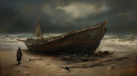 Immerse yourself in the serene beauty of the sea as a skilled fisherman stands by the shore, his gaze reflecting a deep connection to the vast ocean. The grandeur of the massive boat in the background enhances the sense of tranquility and the timeless bond between man and nature. The image is generated with the use of an AI.の写真素材