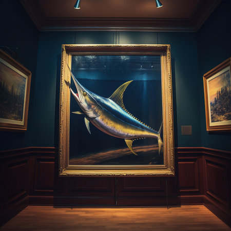 This captivating art print features a vibrant depiction of a swordfish swimming gracefully in an art gallery, creating a unique blend of aquatic beauty and artistic ambiance. The interplay of colors and the juxtaposition of marine life and human creativity make this artwork a stunning addition to any space. The image is generated with the use of an AI.の写真素材