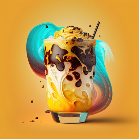 This delectable dessert art showcases a mouthwatering serving of creamy chocolate ice cream, enticing viewers with its rich and indulgent appeal. The artwork captures the luscious texture and enticing flavors of this classic treat, making it a perfect addition to any kitchen or dining space. The image is generated with the use of an AI.の写真素材