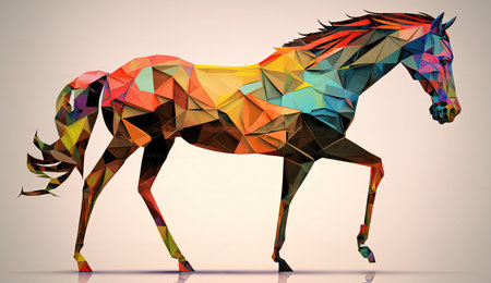 Immerse yourself in the captivating beauty of this geometric horse artwork, featuring a polyhedral model of a majestic steed. The intricate arrangement of geometric shapes and lines brings a contemporary and abstract touch to the graceful form of the horse, making it a striking addition to any space. The image is generated with the use of an AI.の写真素材