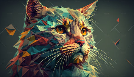 This captivating painting features a polygonal model of a cat, beautifully crafted with geometric shapes and lines. The artwork combines creativity and precision, showcasing the unique beauty of the feline form through a contemporary and abstract lens. The image is generated with the use of an AI.の写真素材