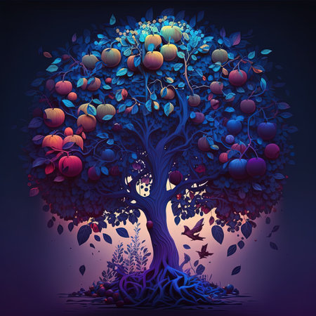Immerse yourself in the mesmerizing beauty of a fruit tree, adorned with lush fruits and enveloped in a palette of enchanting purple shades. This artwork captures the essence of nature's abundance and showcases the vibrant allure of a fruit-laden tree. The image is generated with the use of an AI.の写真素材