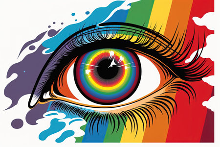 Immerse yourself in the mesmerizing beauty of the eyes of the rainbow with this captivating artwork. The vibrant colors and enchanting gaze of the subject create a sense of wonder and evoke emotions of joy and curiosity. The image is generated with the use of an AI.の素材