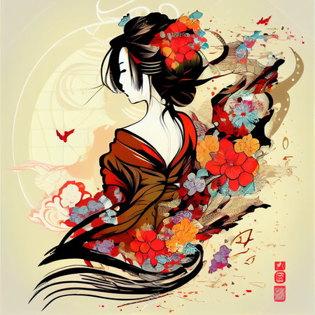 Immerse yourself in the world of graceful elegance with this enchanting geisha artwork. The intricate details and captivating beauty of the geisha's presence evoke a sense of timeless allure and cultural fascination. The image is generated with the use of an AI.の写真素材
