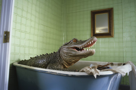 Playful Crocodile in the Bathtub Quirky Bathroom Decorの写真素材
