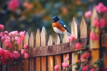 Colorful Bird Perched on Wooden Fenceの写真素材