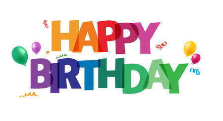 Happy Birthday lettering text banner, colorful calligraphy of birthday text with colorful confetti.のイラスト素材