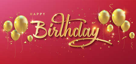 Happy Birthday lettering text banner, colorful calligraphy of birthday text with colorful confetti.のイラスト素材