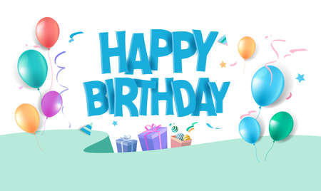 Happy Birthday lettering text banner, colorful calligraphy of birthday text with colorful confetti.のイラスト素材