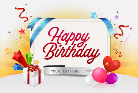 Happy Birthday lettering text banner, colorful calligraphy of birthday text with colorful confetti.のイラスト素材