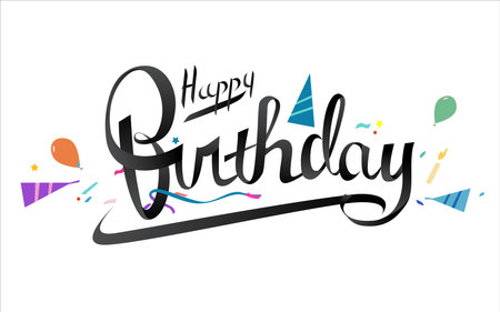 Happy Birthday lettering text banner, colorful calligraphy of birthday text with colorful confetti.のイラスト素材