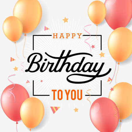 Happy Birthday lettering text banner, colorful calligraphy of birthday text with colorful confetti.のイラスト素材